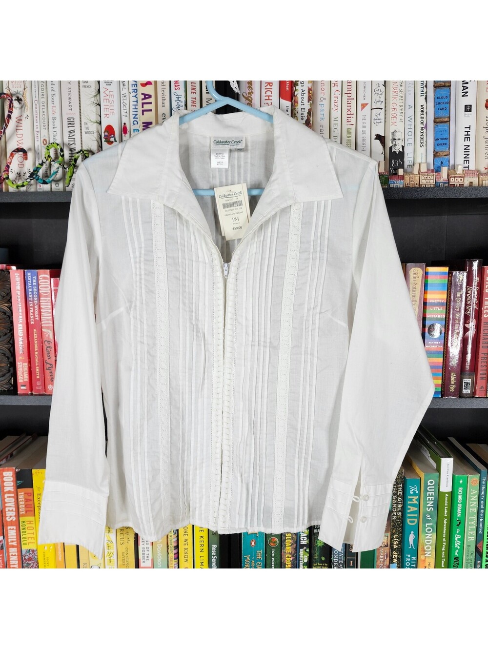 Coldwater Creek White Pintuck Lace Zip Front Blouse Petite Medium NWT Cotton